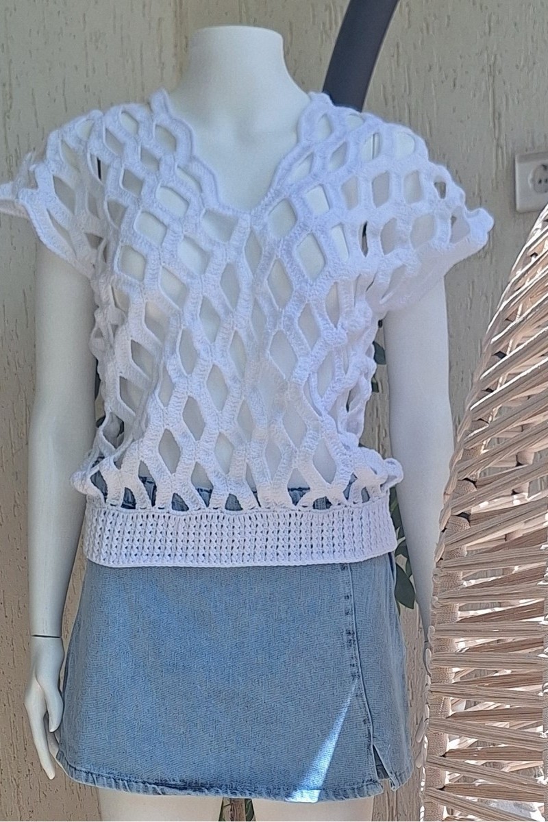 KADIN BEYAZ RENK KAFES MODELİ AJURLU HAND MADE EL ÖRGÜSÜ PAMUKLU COTON İPTEN V YAKA YAZLIK DÜŞÜK KOL BLUZ KADIN BEYAZ RENK KAFES MODELİ AJURLU HAND MADE EL ÖRGÜSÜ PAMUKLU COTON İPTEN V YAKA YAZLIK DÜŞÜK KOL BLUZ