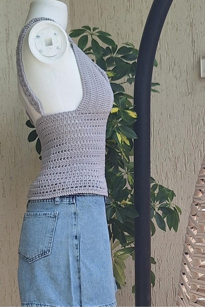 KADIN GRİ RENK PAMUKLU COTON İPTEN HAND MADE EL ÖRGÜSÜ  YAZLIK  ASKILI BLUZ
