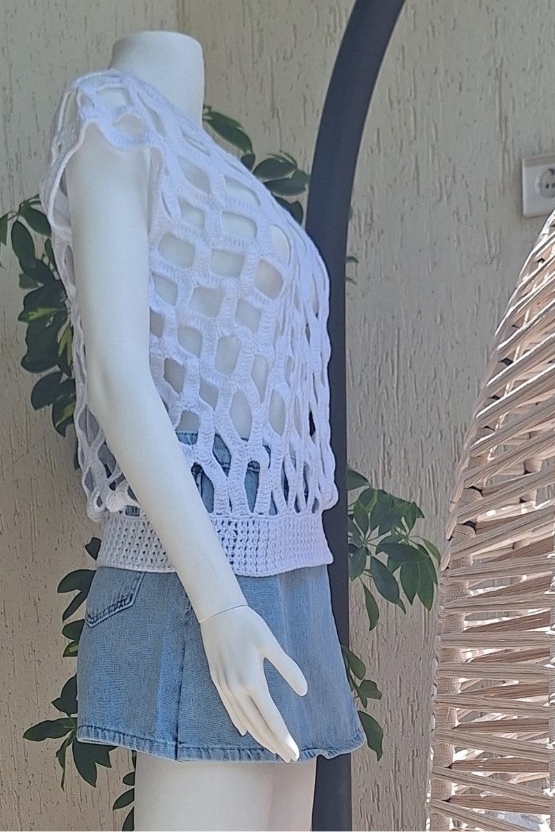 KADIN BEYAZ RENK KAFES MODELİ AJURLU HAND MADE EL ÖRGÜSÜ PAMUKLU COTON İPTEN V YAKA YAZLIK DÜŞÜK KOL BLUZ KADIN BEYAZ RENK KAFES MODELİ AJURLU HAND MADE EL ÖRGÜSÜ PAMUKLU COTON İPTEN V YAKA YAZLIK DÜŞÜK KOL BLUZ