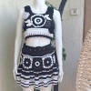 KADIN SİYAH BEYAZ RENK PAMUKLU COTON İPTEN KALIN ASKILI  CROP BLUZ KISA ETEKLİ İKİLİ TAKIM