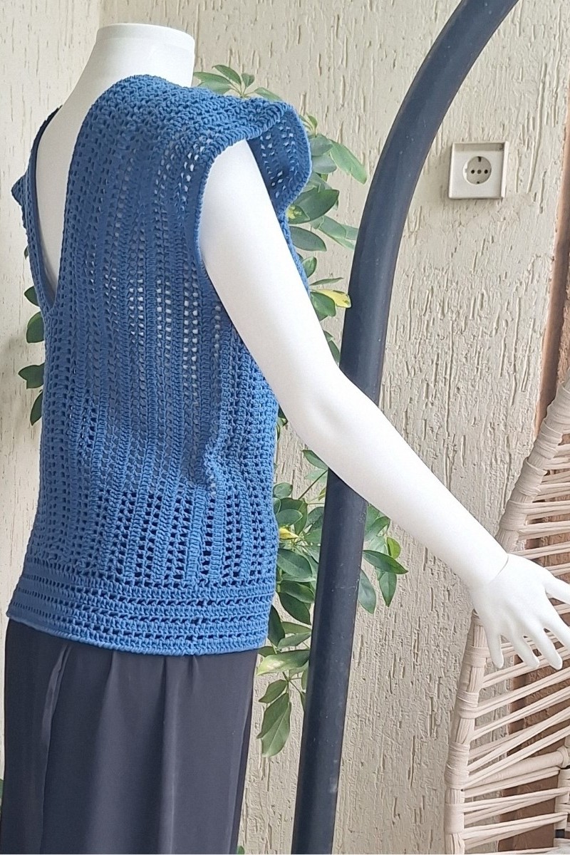 KADIN MAVİ RENK PAMUKLU İPTEN V YAKA DÜŞÜK OMUZ DÜŞÜK KOL HAND MADE EL ÖRGÜSÜ YAZLIK BLUZ