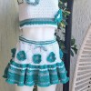 KADIN BEYAZ YEŞİL VE TONLARI RENK PAMUKLU COTON İPTEN HAND MADE EL ÖRGÜSÜ KALIN ASKILI  CROP BLUZ  KISA ETEKLİ TAKIM