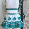 KADIN BEYAZ YEŞİL VE TONLARI RENK PAMUKLU COTON İPTEN HAND MADE EL ÖRGÜSÜ KALIN ASKILI  CROP BLUZ  KISA ETEKLİ TAKIM