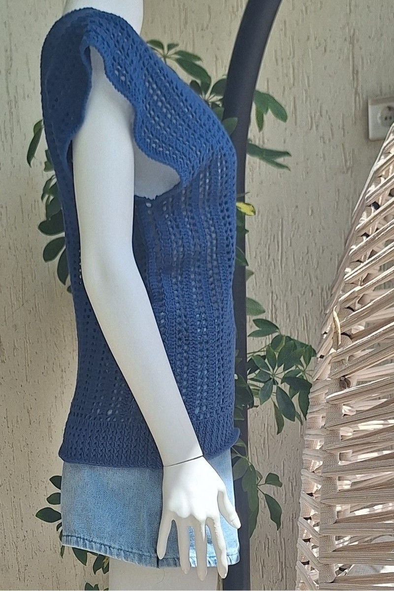 KADIN MAVİ RENK PAMUKLU İPTEN V YAKA DÜŞÜK OMUZ DÜŞÜK KOL HAND MADE EL ÖRGÜSÜ YAZLIK BLUZ