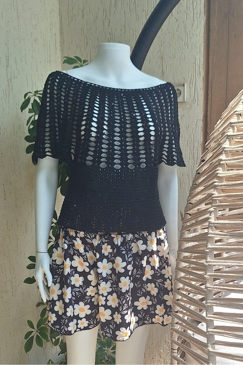 KADIN SİYAH PAMUKLU İP PUL DETAYLI HAND MADE EL ÖRGÜSÜ DÜŞÜK OMUZ DÜŞÜK KOL YAZLIK BLUZ KADIN SİYAH PAMUKLU İP PUL DETAYLI HAND MADE EL ÖRGÜSÜ DÜŞÜK OMUZ DÜŞÜK KOL YAZLIK BLUZ