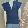 KADIN MAVİ RENK PAMUKLU İPTEN V YAKA DÜŞÜK OMUZ DÜŞÜK KOL HAND MADE EL ÖRGÜSÜ YAZLIK BLUZ
