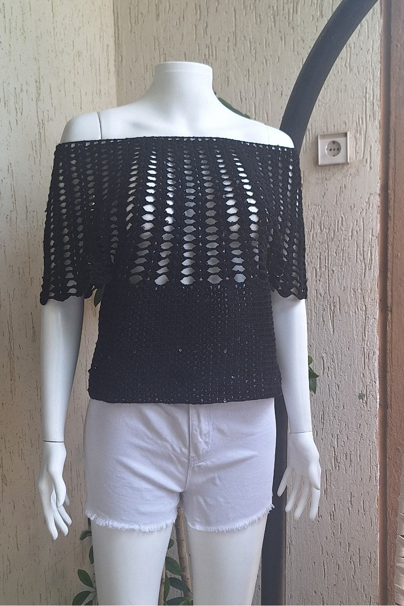 KADIN SİYAH PAMUKLU İP PUL DETAYLI HAND MADE EL ÖRGÜSÜ DÜŞÜK OMUZ DÜŞÜK KOL YAZLIK BLUZ KADIN SİYAH PAMUKLU İP PUL DETAYLI HAND MADE EL ÖRGÜSÜ DÜŞÜK OMUZ DÜŞÜK KOL YAZLIK BLUZ