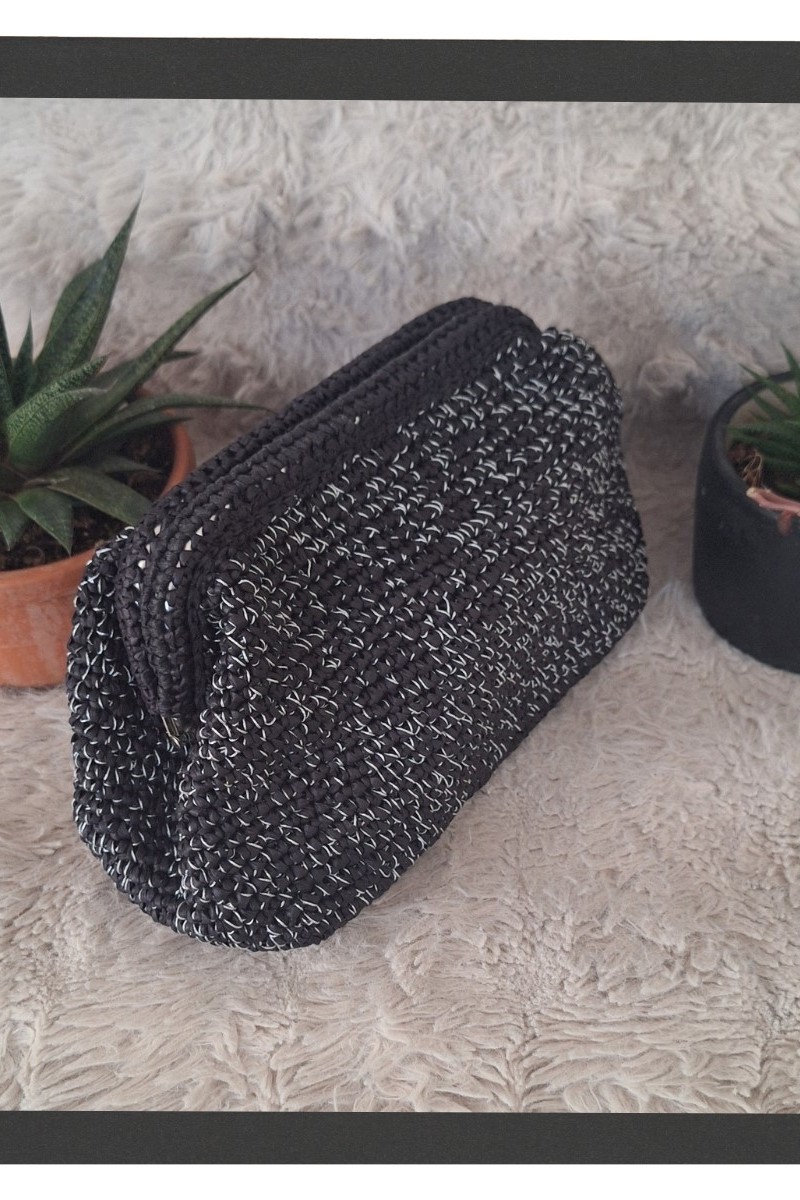KADIN SİYAH METALİK RAFYA İP  VE MEATL RENGİ SİM KARIŞIMI, HAND MADE, EL ÖRGÜSÜ GİZLİ BURSLU YAZLIK CLUTCH ÇANTA,EL ÇANTASI, PORTFÖY