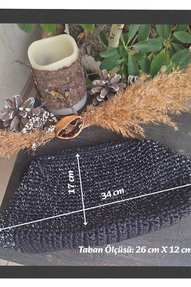 KADIN SİYAH METALİK RAFYA İP  VE MEATL RENGİ SİM KARIŞIMI, HAND MADE, EL ÖRGÜSÜ GİZLİ BURSLU YAZLIK CLUTCH ÇANTA,EL ÇANTASI, PORTFÖY