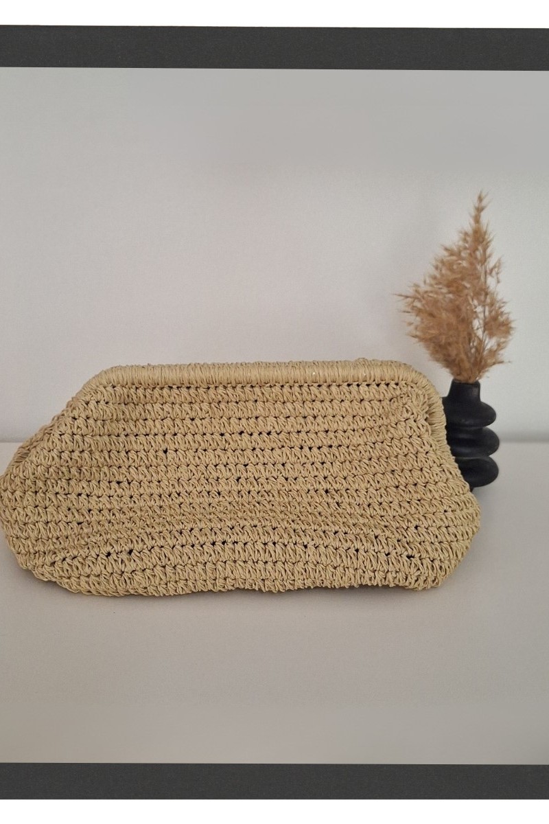 KADIN BEj ÇİÇEK DETAYLI GİZLİ BURSLU HAND MADE, EL ÖRGÜSÜ,  KAĞIT İPTEN YAZLIK  EL ÇANTASI, CLUTCH , PORTFÖY