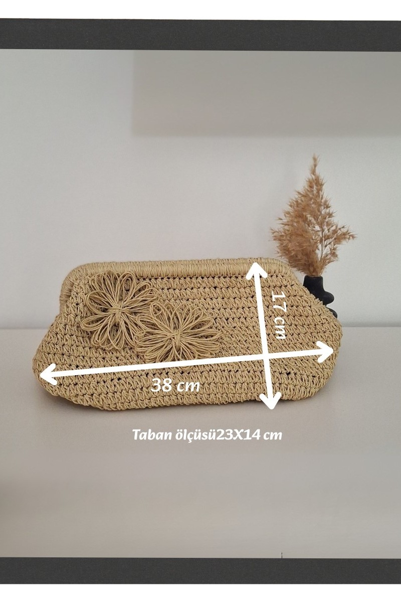 KADIN BEj ÇİÇEK DETAYLI GİZLİ BURSLU HAND MADE, EL ÖRGÜSÜ,  KAĞIT İPTEN YAZLIK  EL ÇANTASI, CLUTCH , PORTFÖY