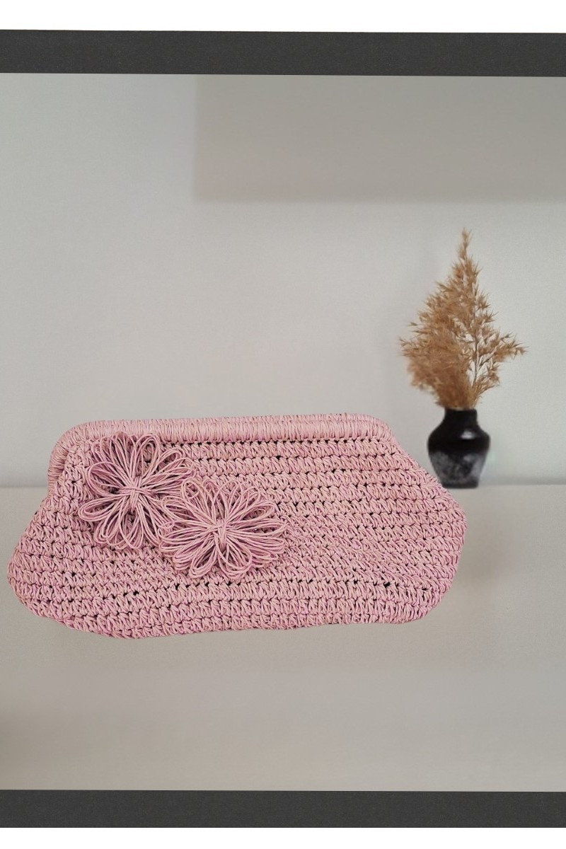 KADIN PEMBE KAĞIT İPTEN ÇİÇEK DETAYLI HAND MADE, EL ÖRGÜSÜ GİZLİ BURSLU YAZLIK CLUTCH ÇANTA,EL ÇANTASI, PORTFÖY