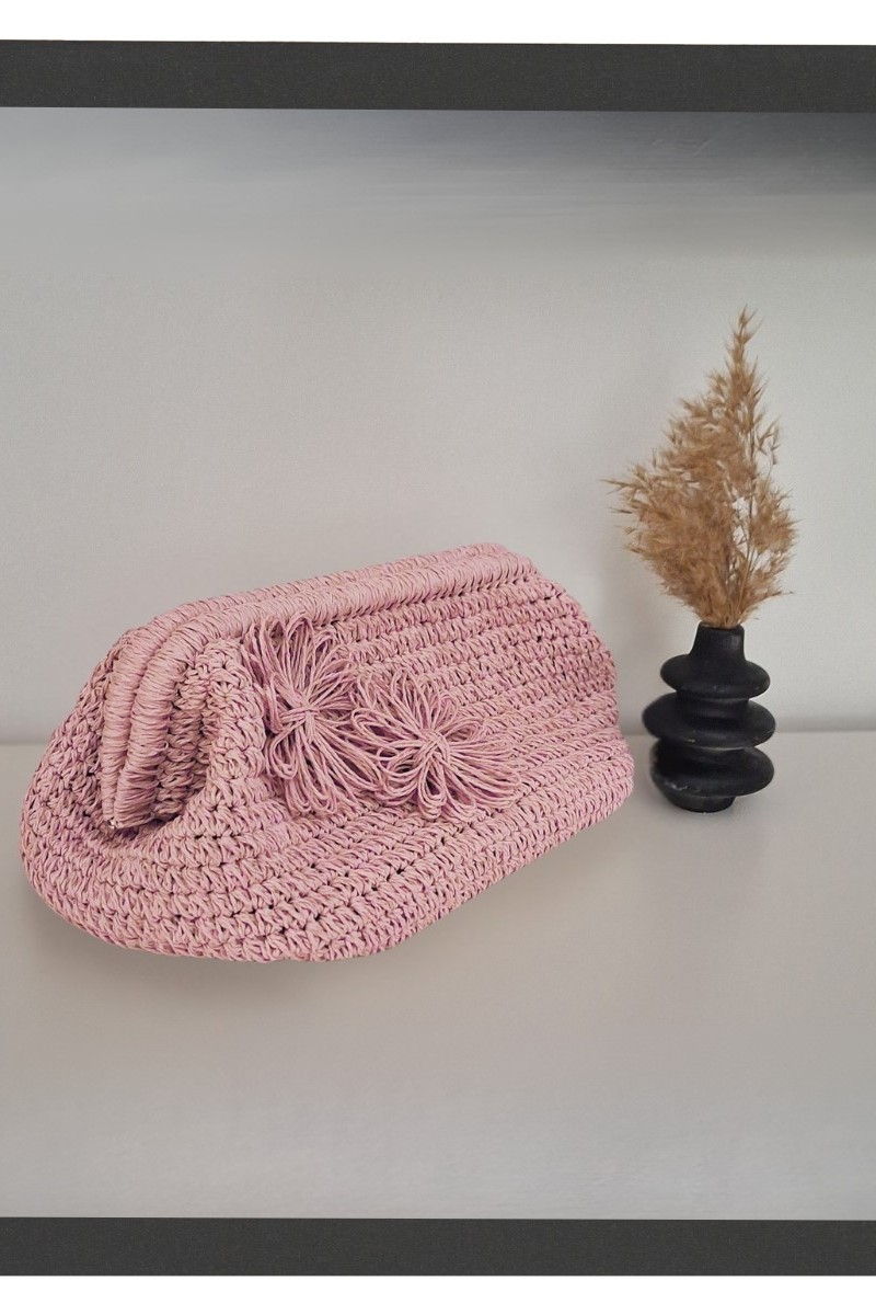 KADIN PEMBE KAĞIT İPTEN ÇİÇEK DETAYLI HAND MADE, EL ÖRGÜSÜ GİZLİ BURSLU YAZLIK CLUTCH ÇANTA,EL ÇANTASI, PORTFÖY