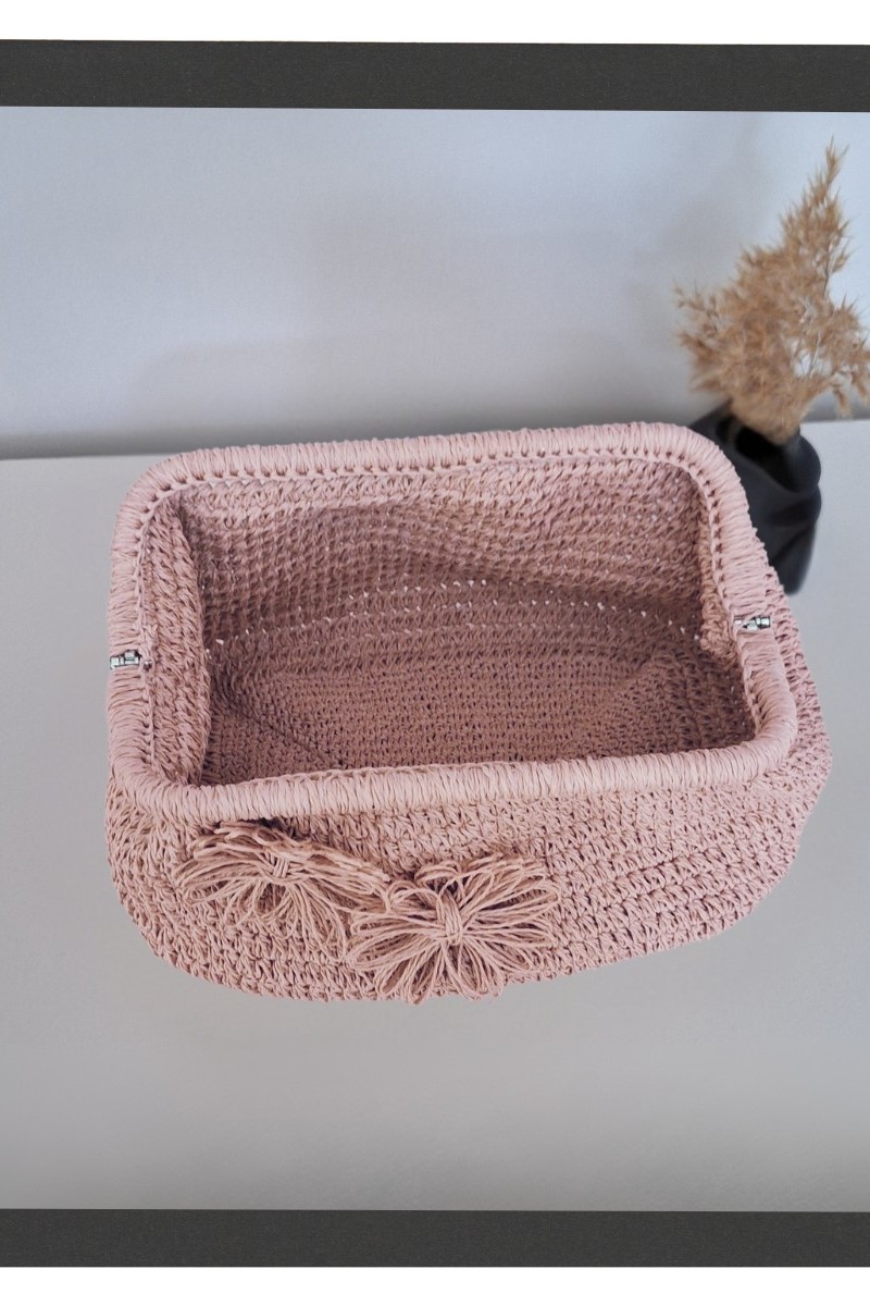 KADIN PEMBE KAĞIT İPTEN ÇİÇEK DETAYLI HAND MADE, EL ÖRGÜSÜ GİZLİ BURSLU YAZLIK CLUTCH ÇANTA,EL ÇANTASI, PORTFÖY