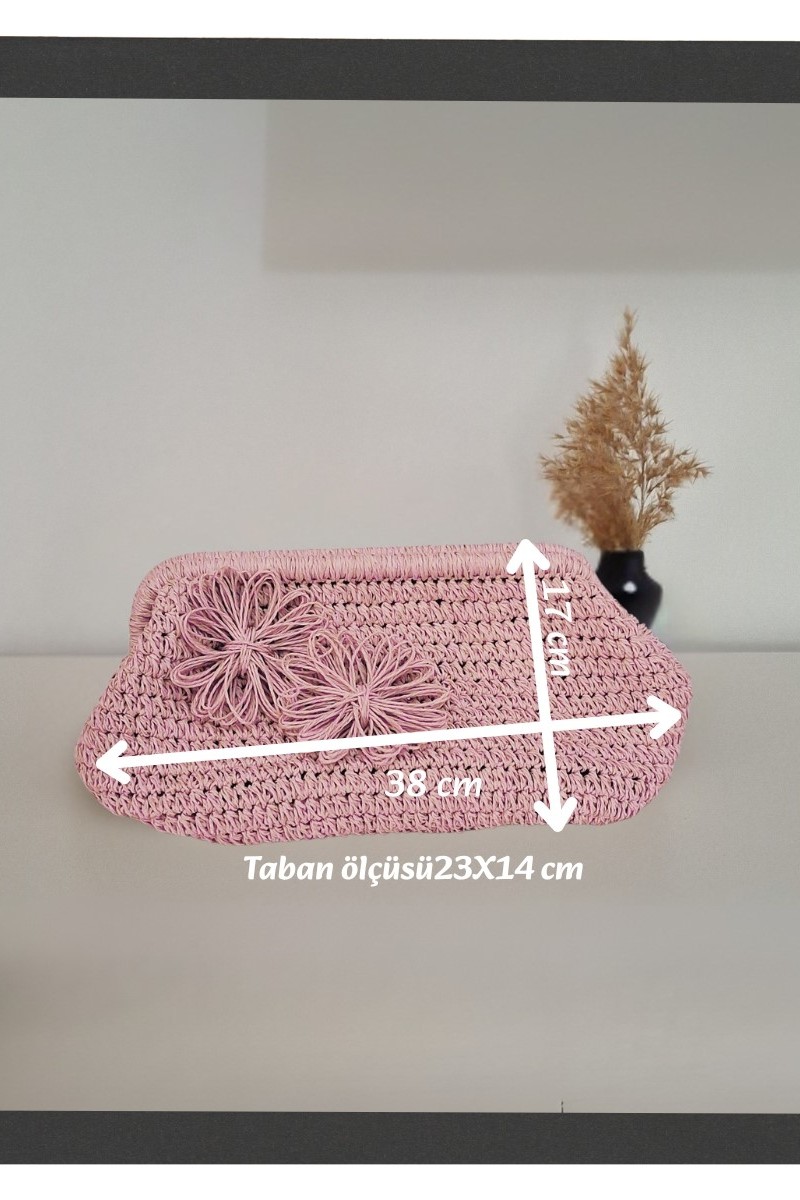KADIN PEMBE KAĞIT İPTEN ÇİÇEK DETAYLI HAND MADE, EL ÖRGÜSÜ GİZLİ BURSLU YAZLIK CLUTCH ÇANTA,EL ÇANTASI, PORTFÖY