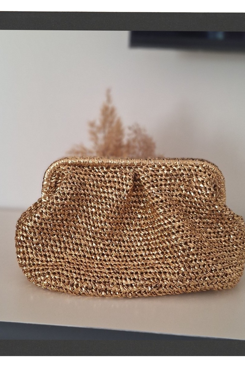 KADIN ALTIN RENGİ METALİK KAĞIT İPTEN GİZLİ BURSLU HAND MADE EL ÖRGÜSÜ YAZLIK CLUTCH PORFÖY EL ÇANTASI