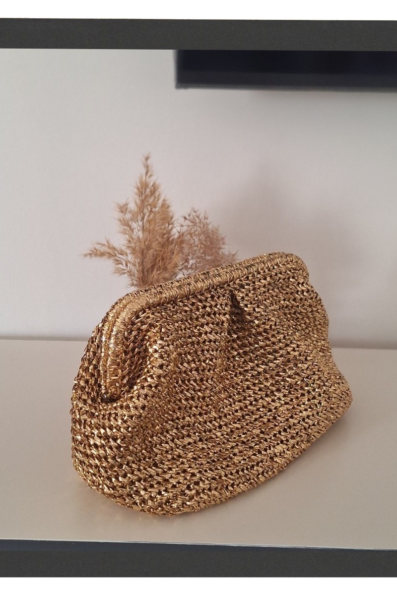 KADIN ALTIN RENGİ METALİK KAĞIT İPTEN GİZLİ BURSLU HAND MADE EL ÖRGÜSÜ YAZLIK CLUTCH PORFÖY EL ÇANTASI