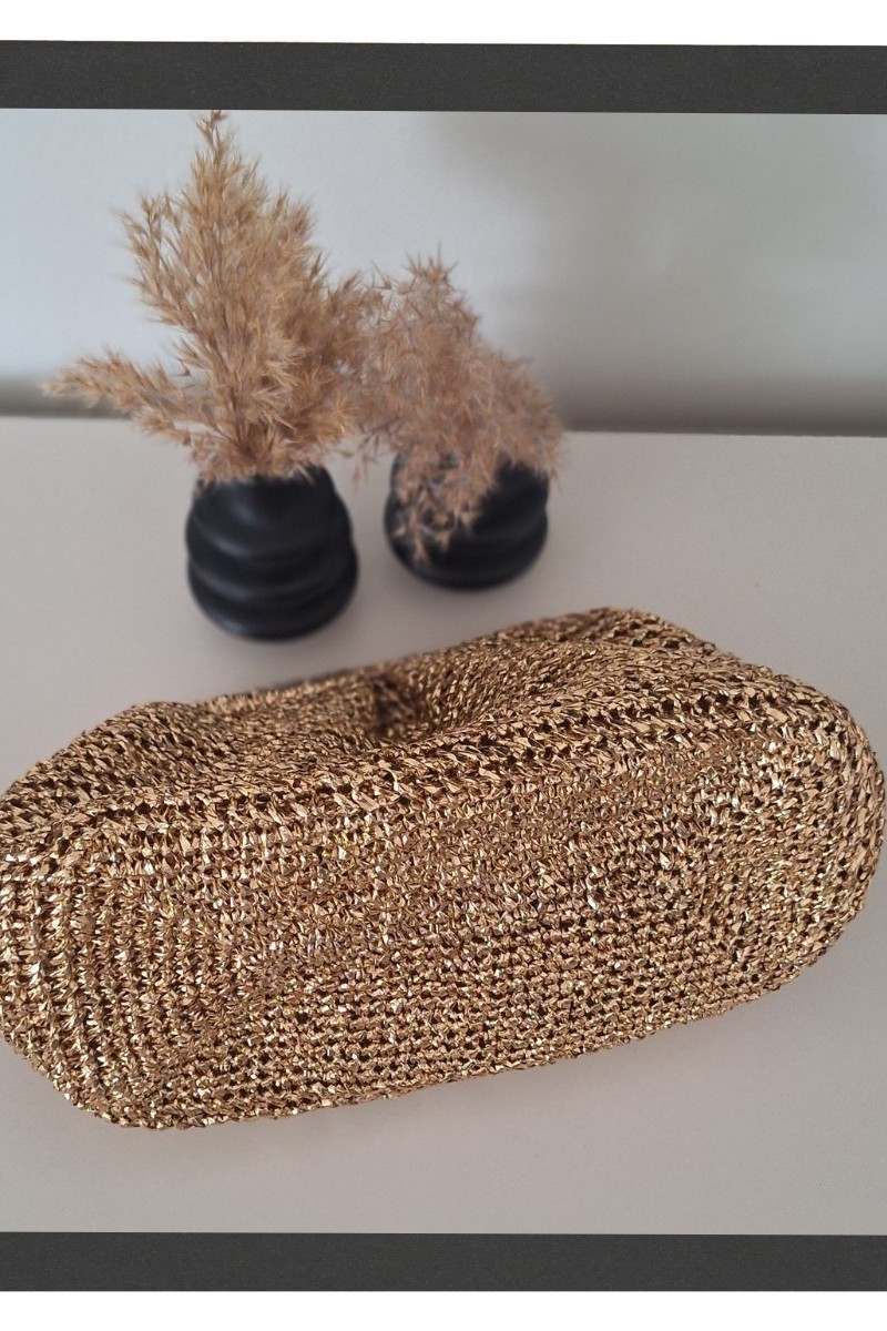 KADIN ALTIN RENGİ METALİK KAĞIT İPTEN GİZLİ BURSLU HAND MADE EL ÖRGÜSÜ YAZLIK CLUTCH PORFÖY EL ÇANTASI