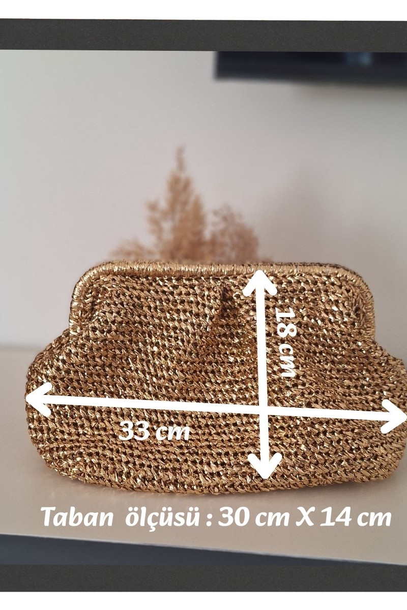 KADIN ALTIN RENGİ METALİK KAĞIT İPTEN GİZLİ BURSLU HAND MADE EL ÖRGÜSÜ YAZLIK CLUTCH PORFÖY EL ÇANTASI