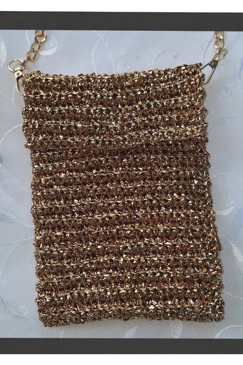 KADIN ALTIN RENGİ METALİK İP TELEFON ÇANTASI HAND MADE EL ÖRGÜSÜ