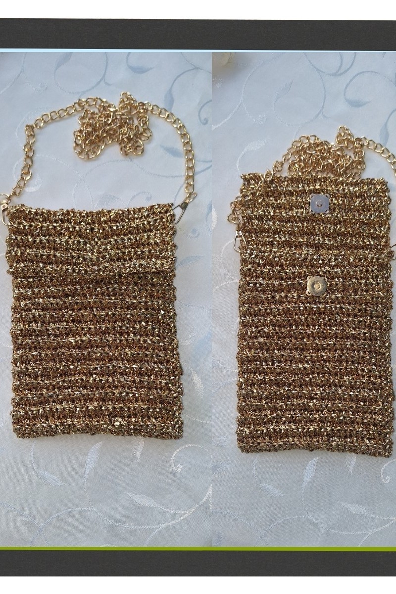 KADIN ALTIN RENGİ METALİK İP TELEFON ÇANTASI HAND MADE EL ÖRGÜSÜ