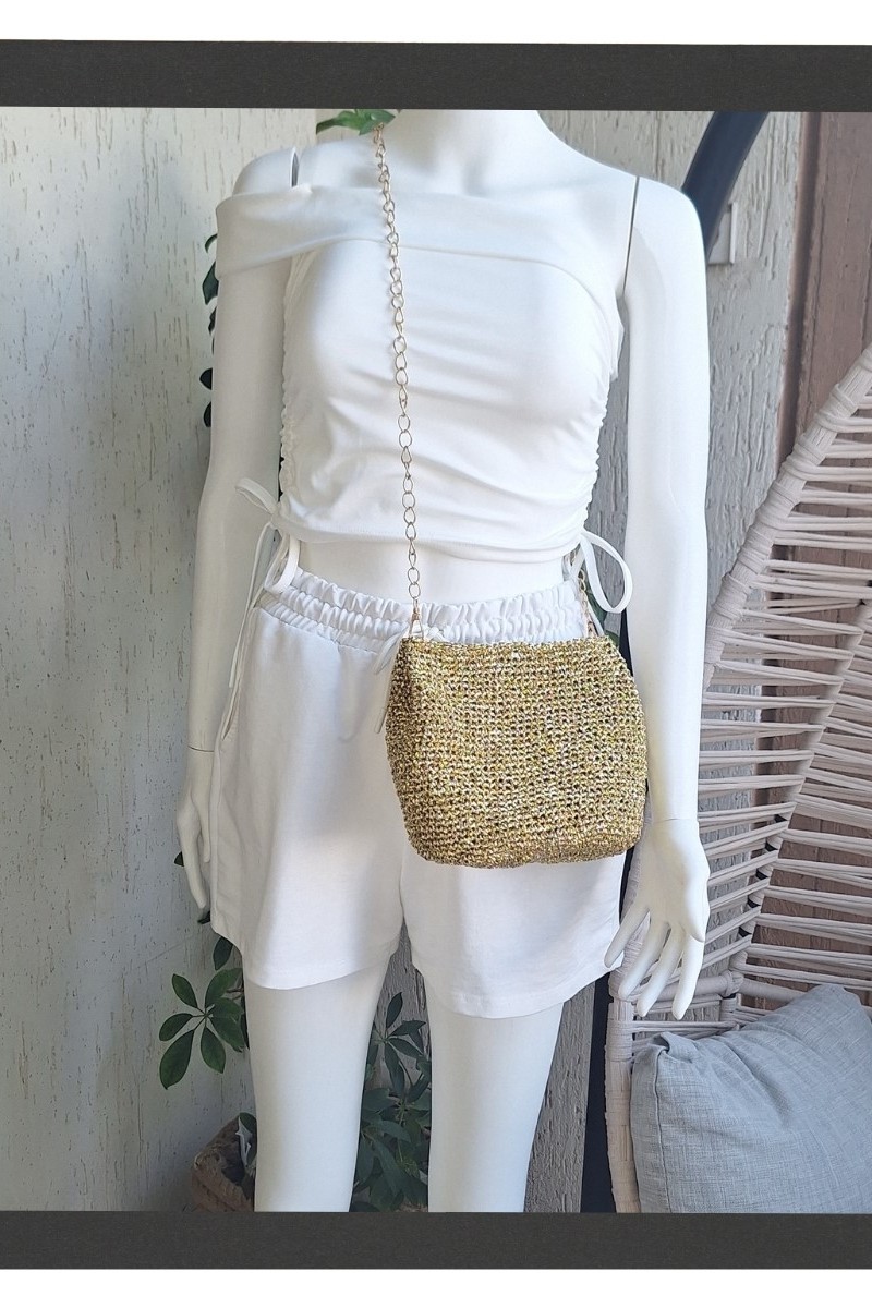 KADIN ALTIN RENGİ METALİK İP ZİNCİR SAPLI ÇANTA HAND MADE EL ÖRGÜSÜ
