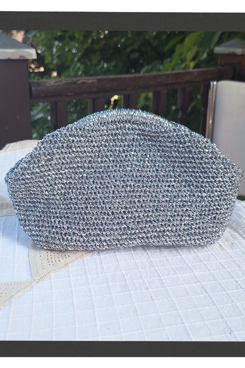 KADIN GÜMÜŞ RENGİ METALİK İP BURSLU ÇANTA HAND MADE EL ÖRGÜSÜ
