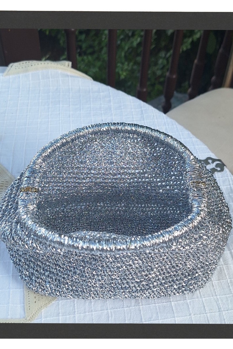 KADIN GÜMÜŞ RENGİ METALİK İP BURSLU ÇANTA HAND MADE EL ÖRGÜSÜ
