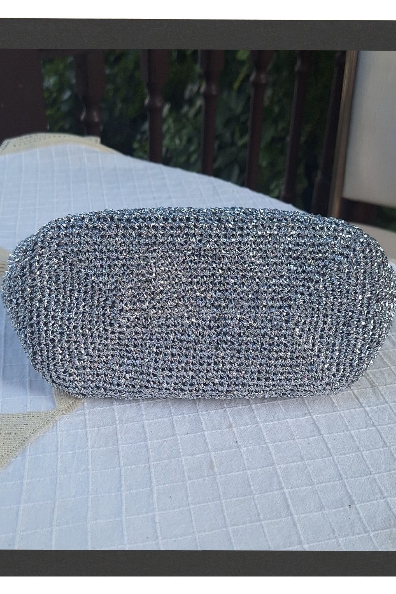 KADIN GÜMÜŞ RENGİ METALİK İP BURSLU ÇANTA HAND MADE EL ÖRGÜSÜ