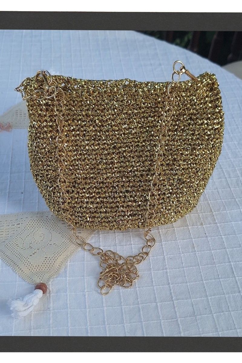 KADIN ALTIN RENGİ METALİK İP ZİNCİR SAPLI ÇANTA HAND MADE EL ÖRGÜSÜ