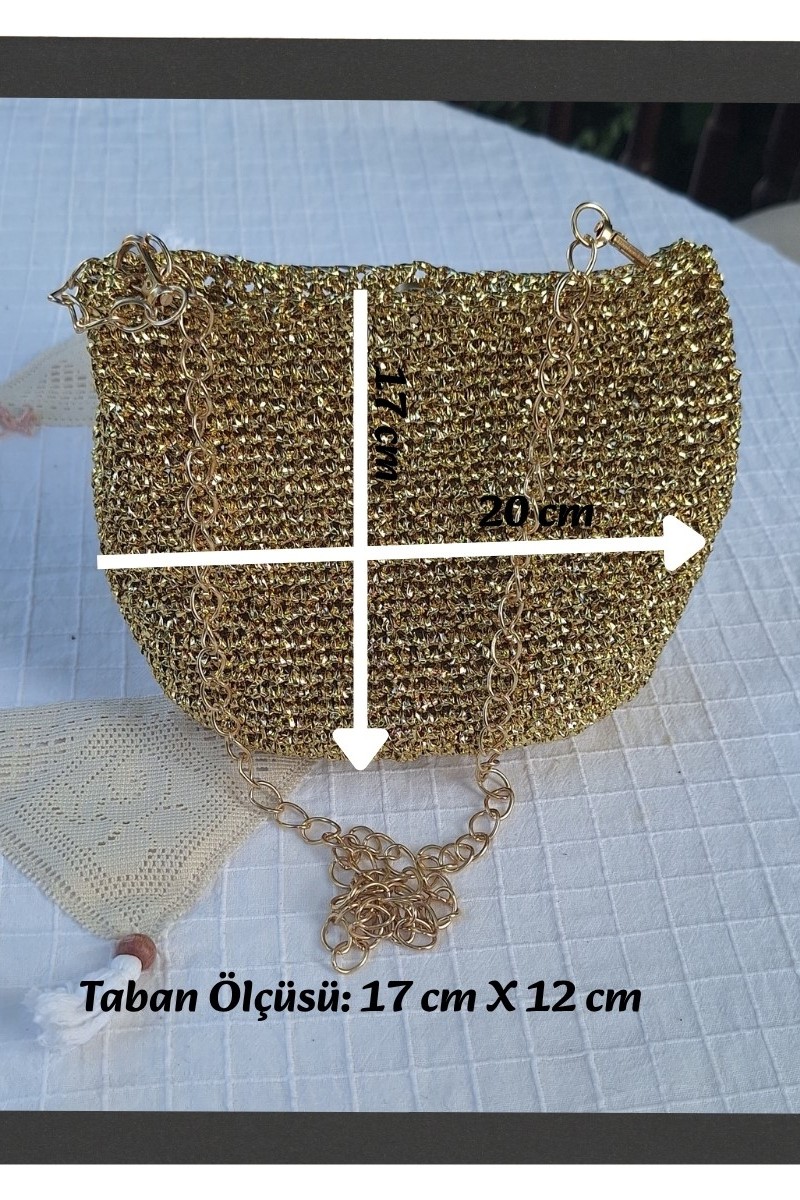 KADIN ALTIN RENGİ METALİK İP ZİNCİR SAPLI ÇANTA HAND MADE EL ÖRGÜSÜ
