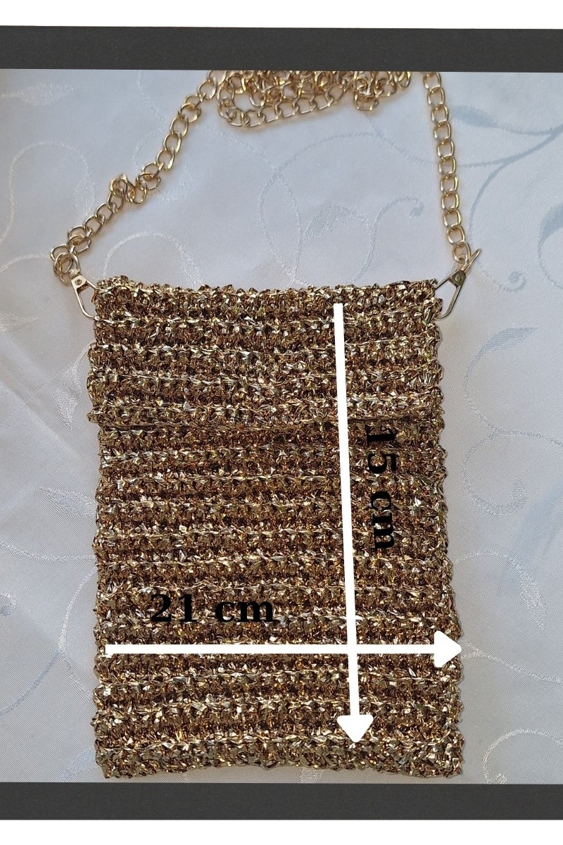 KADIN ALTIN RENGİ METALİK İP TELEFON ÇANTASI HAND MADE EL ÖRGÜSÜ