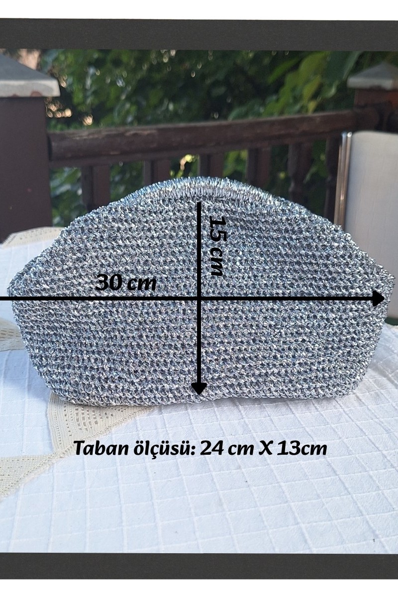 KADIN GÜMÜŞ RENGİ METALİK İP BURSLU ÇANTA HAND MADE EL ÖRGÜSÜ