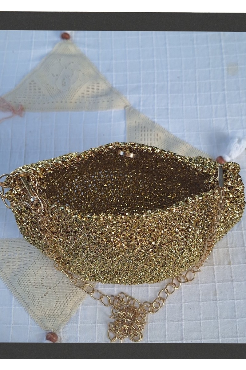 KADIN ALTIN RENGİ METALİK İP ZİNCİR SAPLI ÇANTA HAND MADE EL ÖRGÜSÜ